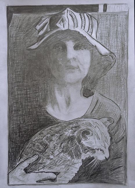 Ольга Охлопкова. Картинки. Селфи с Барсиком, б., карандаш, 30х40 см, 2018