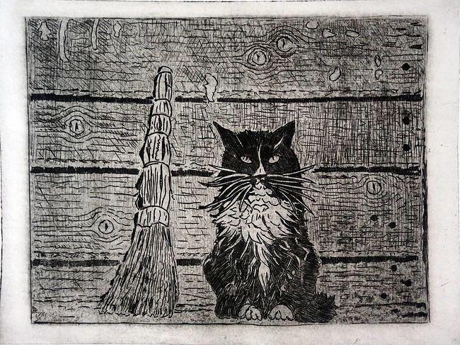Ольга Охлопкова. Картинки. Кузя. гравюра на пластике, 28 х 38 см, 2019