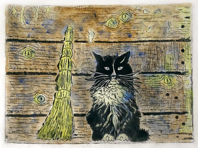 Ольга Охлопкова. Картинки. Кузя. гравюра + акварель, 28 х 38 см, 2019