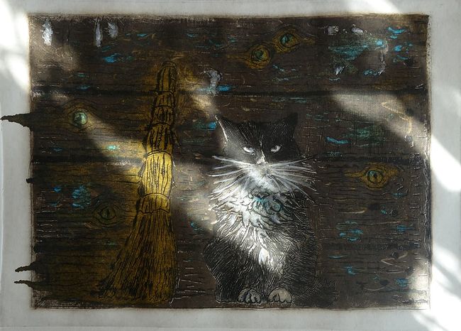 Ольга Охлопкова. Картинки. Кузя. цветная гравюра, 28 х 38 см, 2019