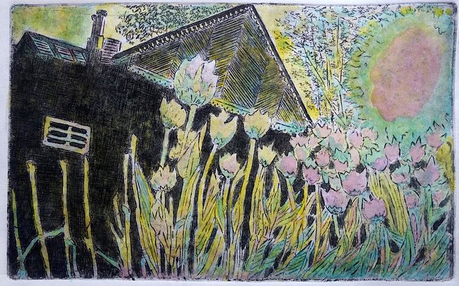 Ольга Охлопкова. Картинки. Тюльпаны. офорт + акварель, 19,5 х 31,5 см, 2019